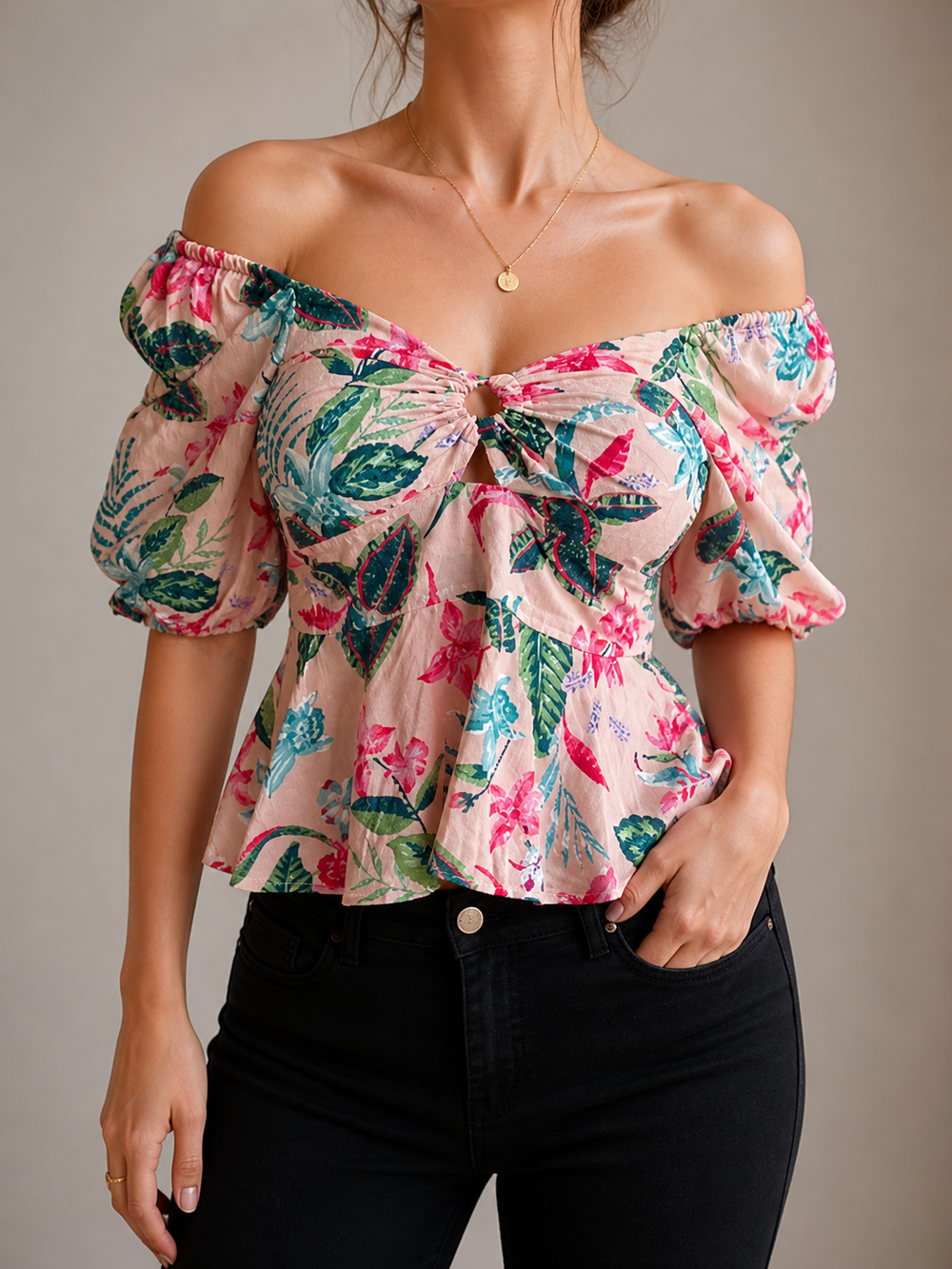 Blusa Versailles · Estampado Floral Manga Farol Escote Corazón - Purple Rain