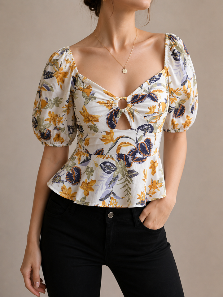 Blusa Versailles · Estampado Floral Manga Farol Escote Corazón - Purple Rain