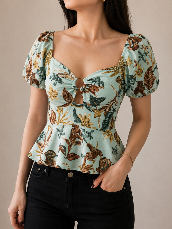 Blusa Versailles · Estampado Floral Manga Farol Escote Corazón - Purple Rain