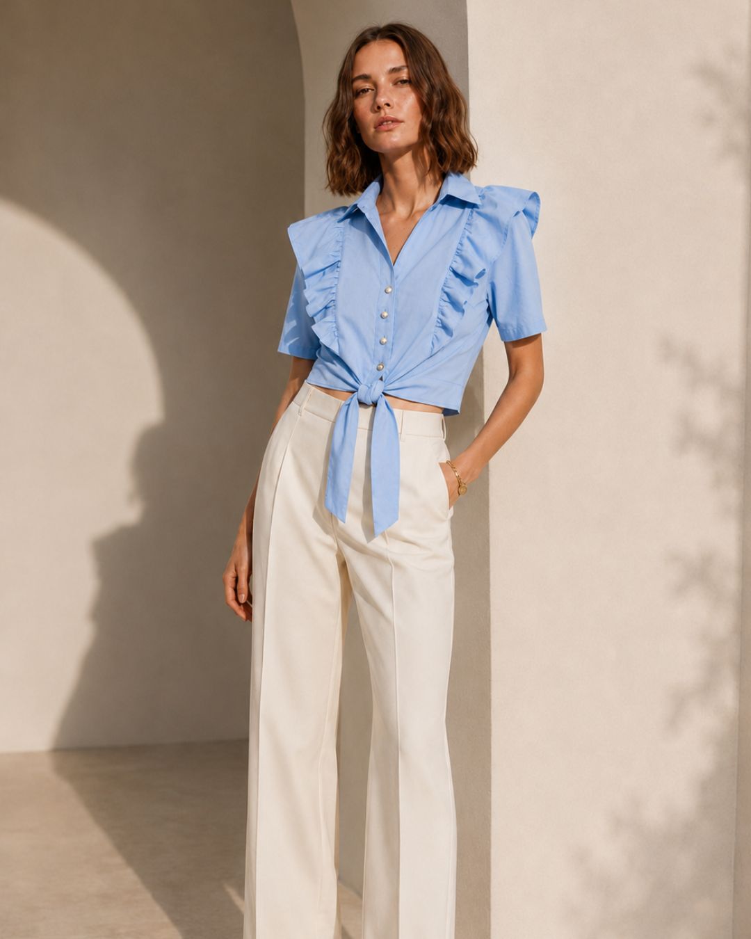 Blusa de algodón confeccionada con costuras precisas y telas de primera calidad. Diseño entallado que realza la silueta, complementado con un elegante detalle de bolero en los hombros. Cierre de amarre delantero que permite ajuste personalizado. La textura suave del algodón garantiza comodidad durante todo el día, ideal para looks casuales y profesionales.
