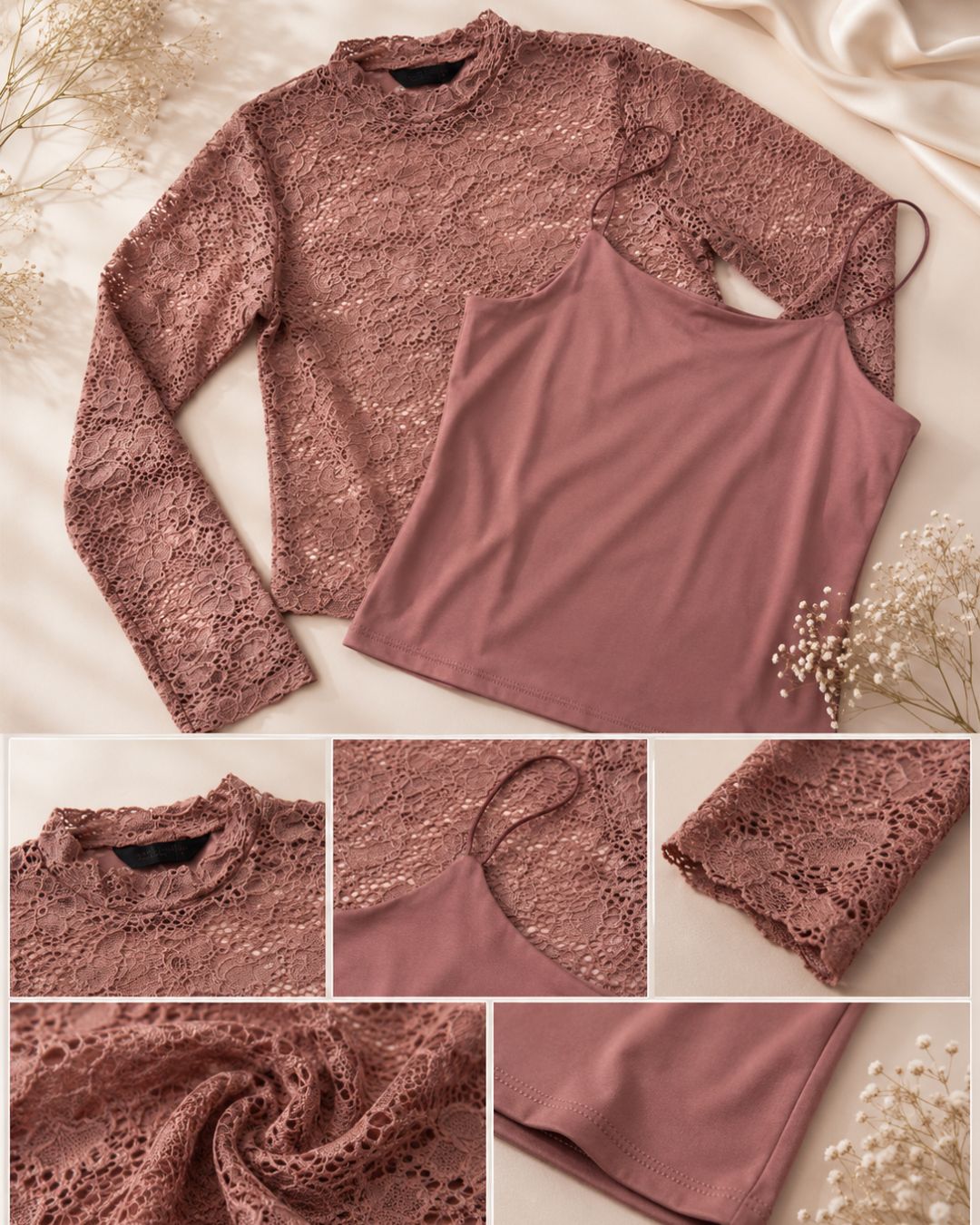 palo-de-rosa.jpg
Modelo luciendo blusa doble capa de encaje floral color palo de rosa con cuello alto y mangas largas.