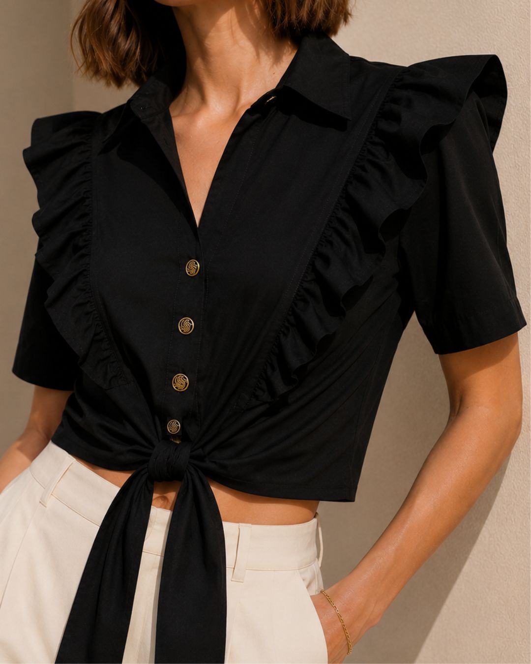 Blusa de algodón confeccionada con costuras precisas y telas de primera calidad. Diseño entallado que realza la silueta, complementado con un elegante detalle de bolero en los hombros. Cierre de amarre delantero que permite ajuste personalizado. La textura suave del algodón garantiza comodidad durante todo el día, ideal para looks casuales y profesionales.