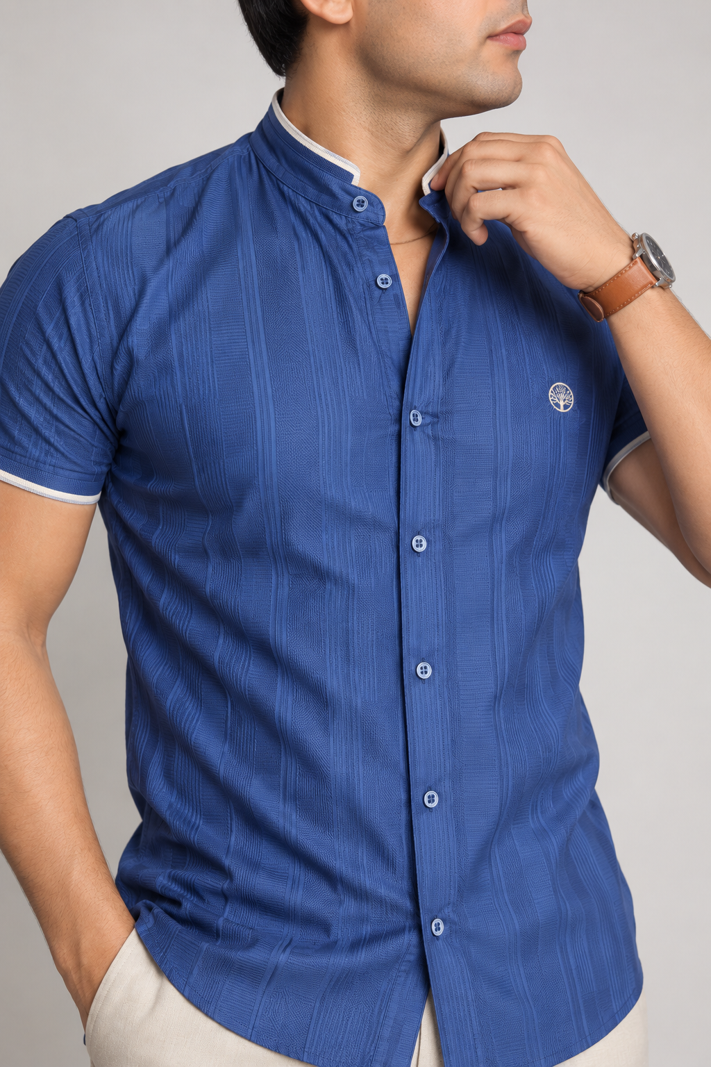 Camisa Hombre Manga Corta Cuello Neru Algodón Dobby - Purple Rain