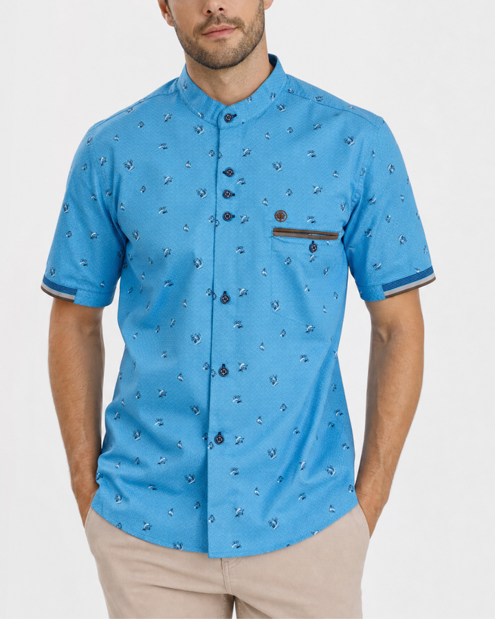 Camisa Hombre Manga Corta Estampada Cuello Nerú