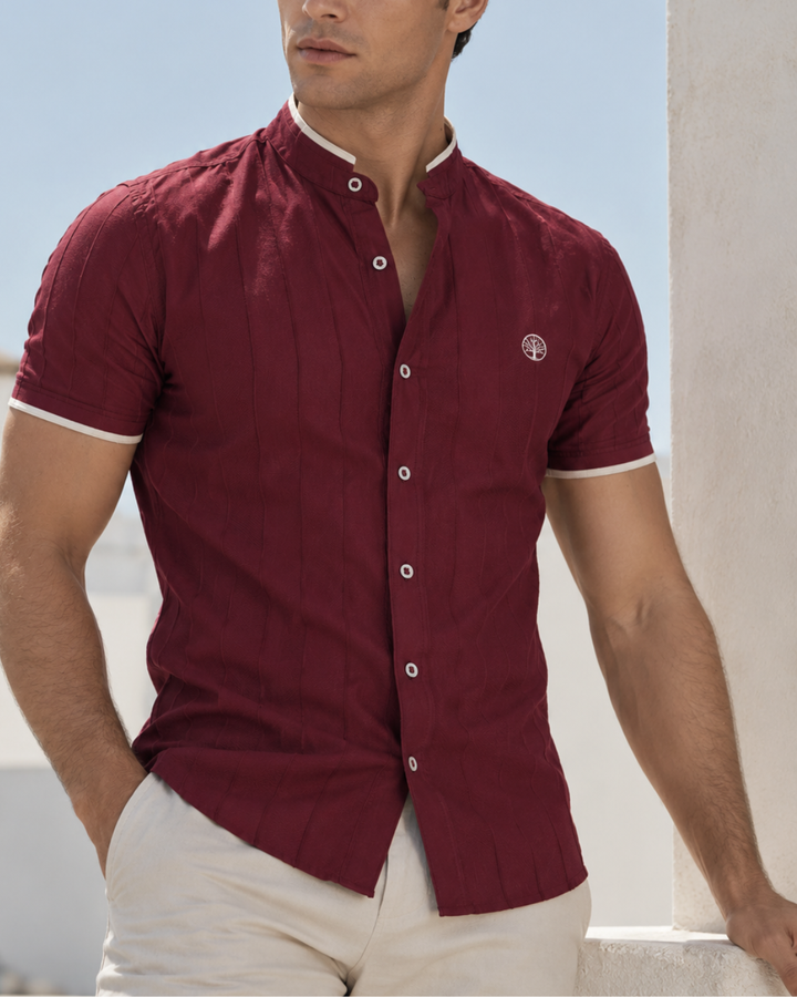 Camisa Hombre Manga Corta Cuello Neru Algodón Dobby - Purple Rain