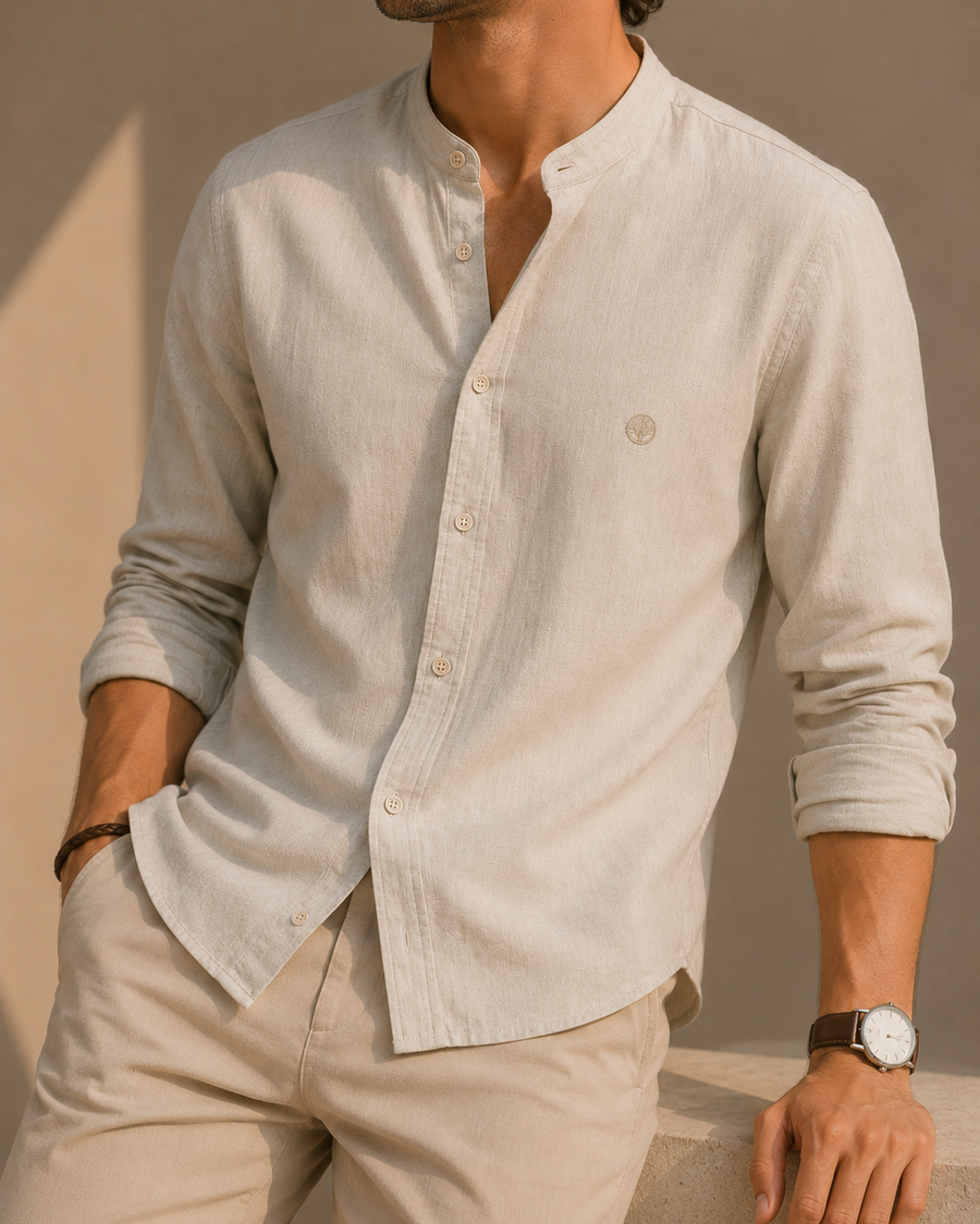 Camisa Lino Manga Larga Cuello Neru Santorini