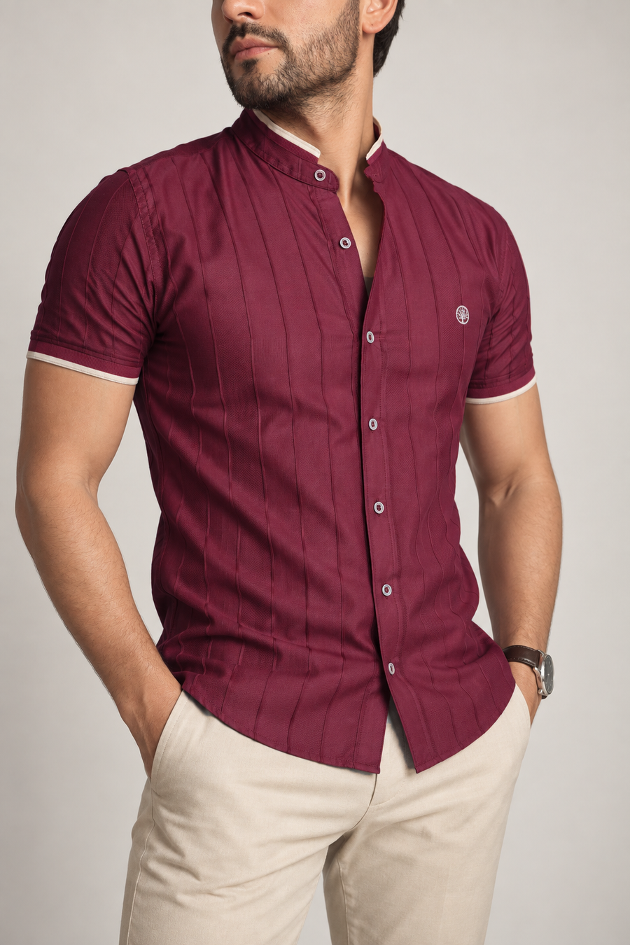 Camisa Hombre Manga Corta Cuello Neru Algodón Dobby