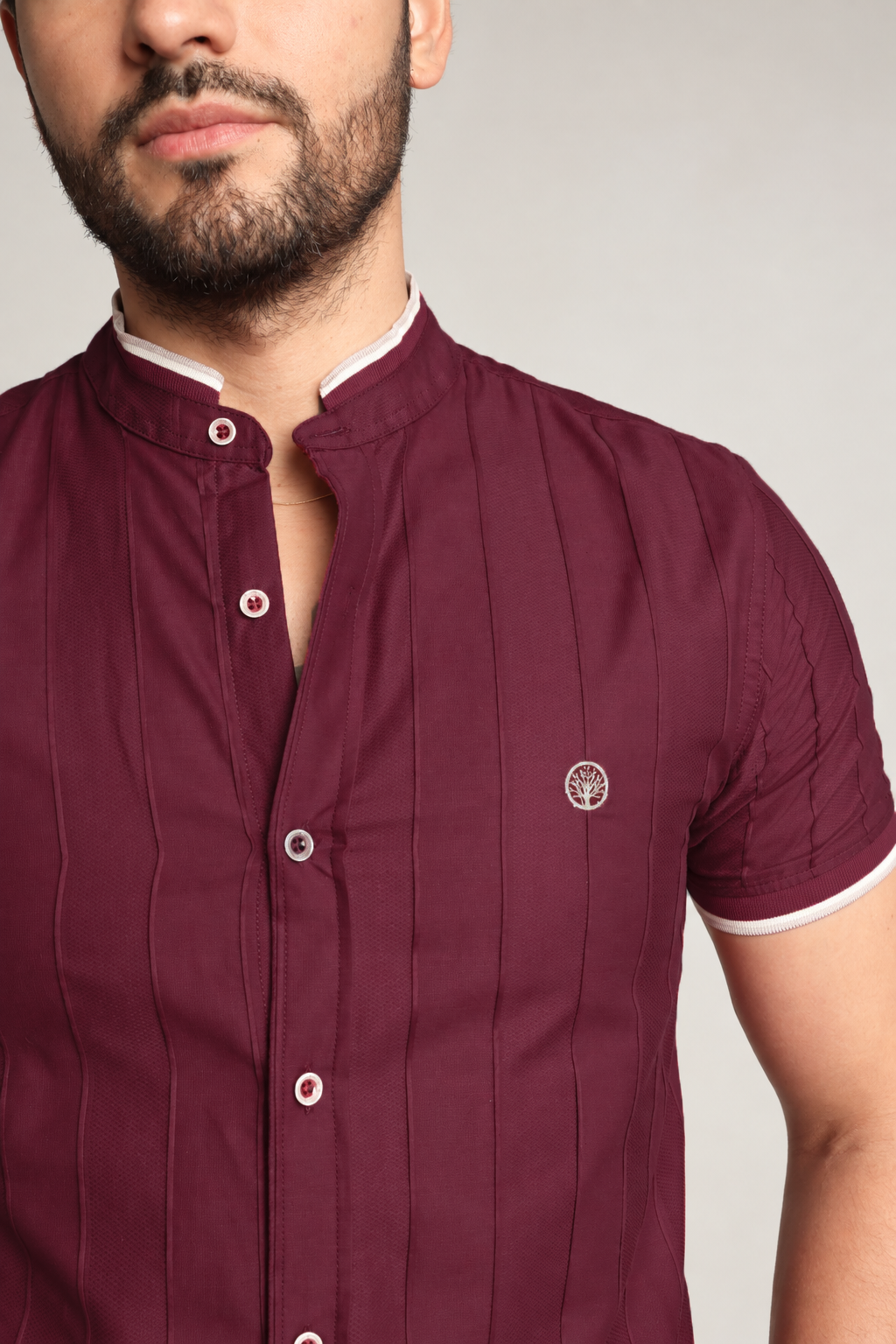 Camisa Hombre Manga Corta Cuello Neru Algodón Dobby - Purple Rain