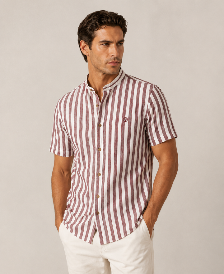 Camisa a rayas cuello neru manga corta Mao