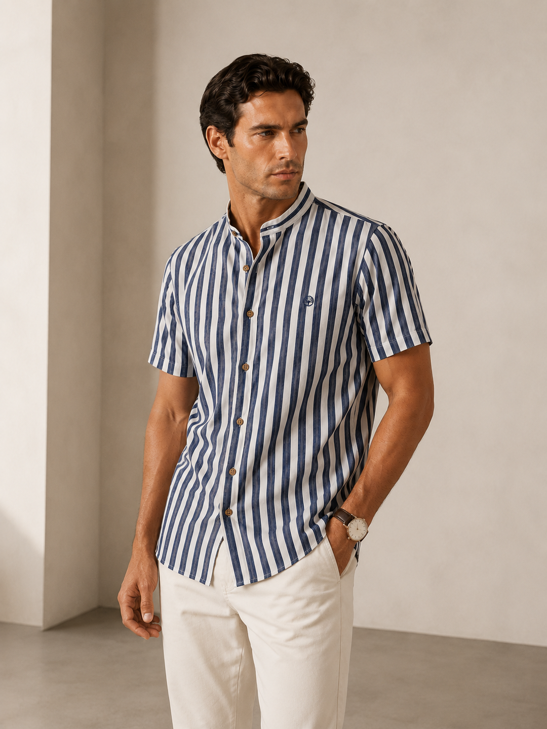 Camisa a rayas cuello neru manga corta Mao