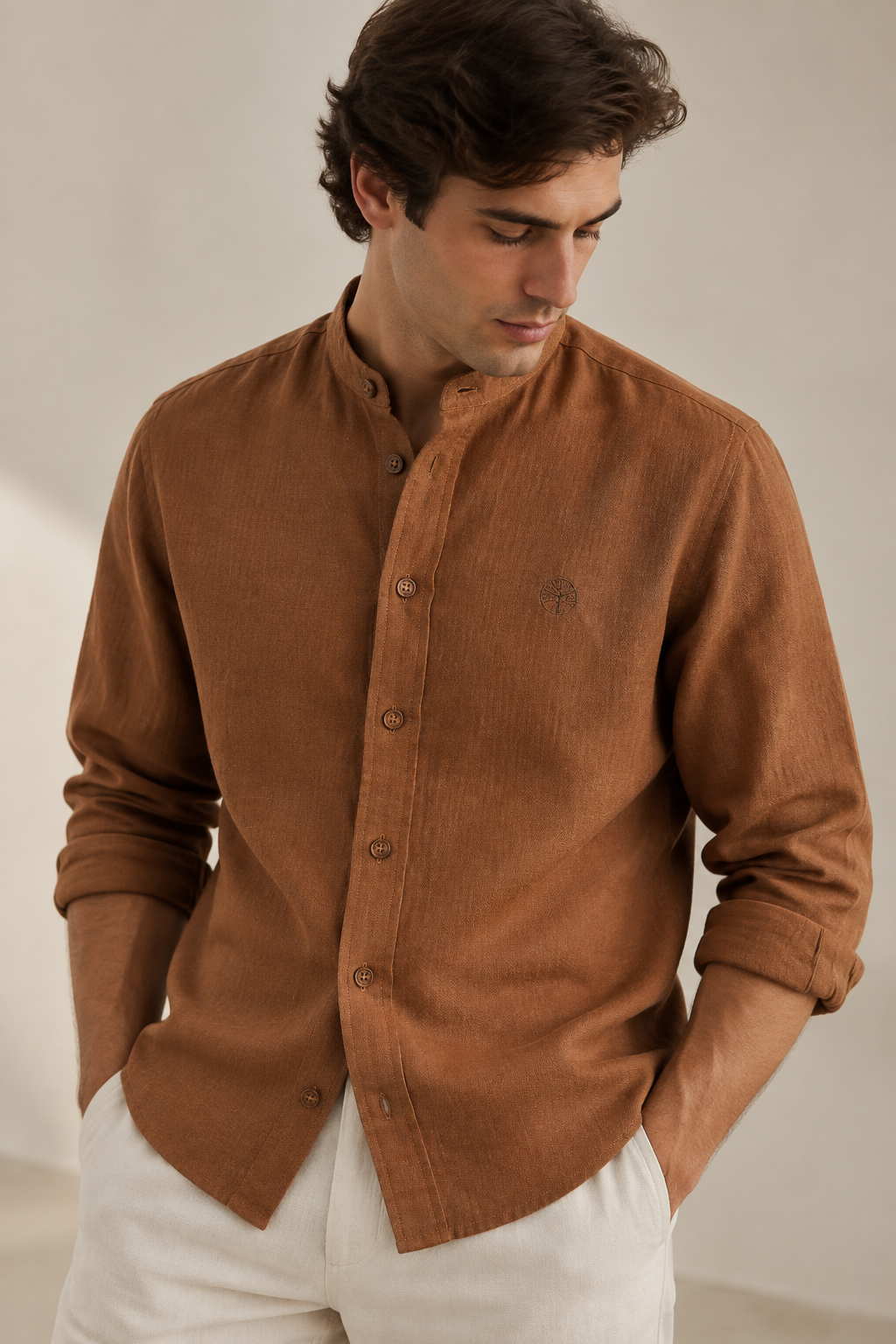 Camisa Lino Manga Larga Cuello Nerú Amalfi