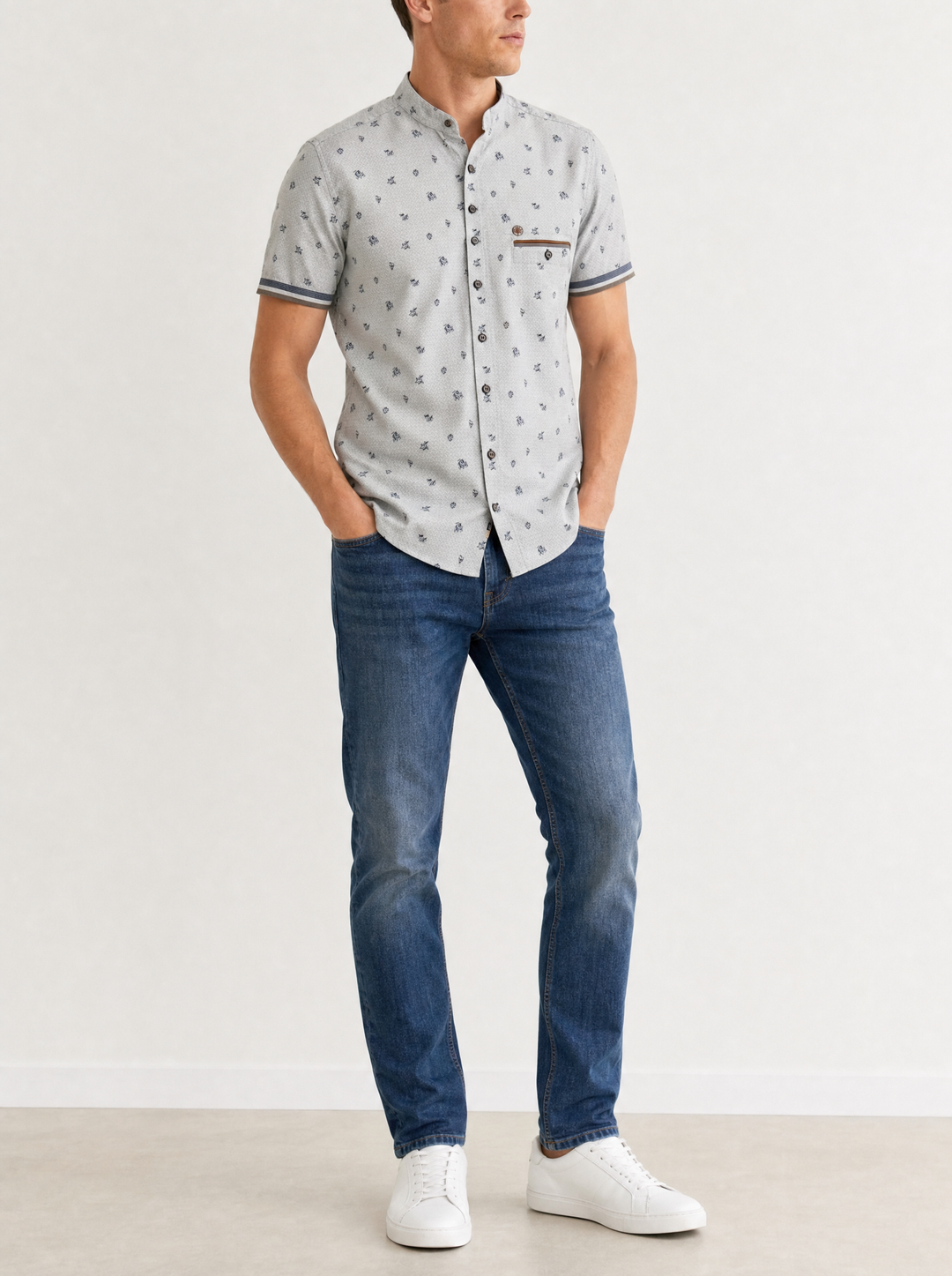 Camisa Hombre Manga Corta Estampada Cuello Nerú