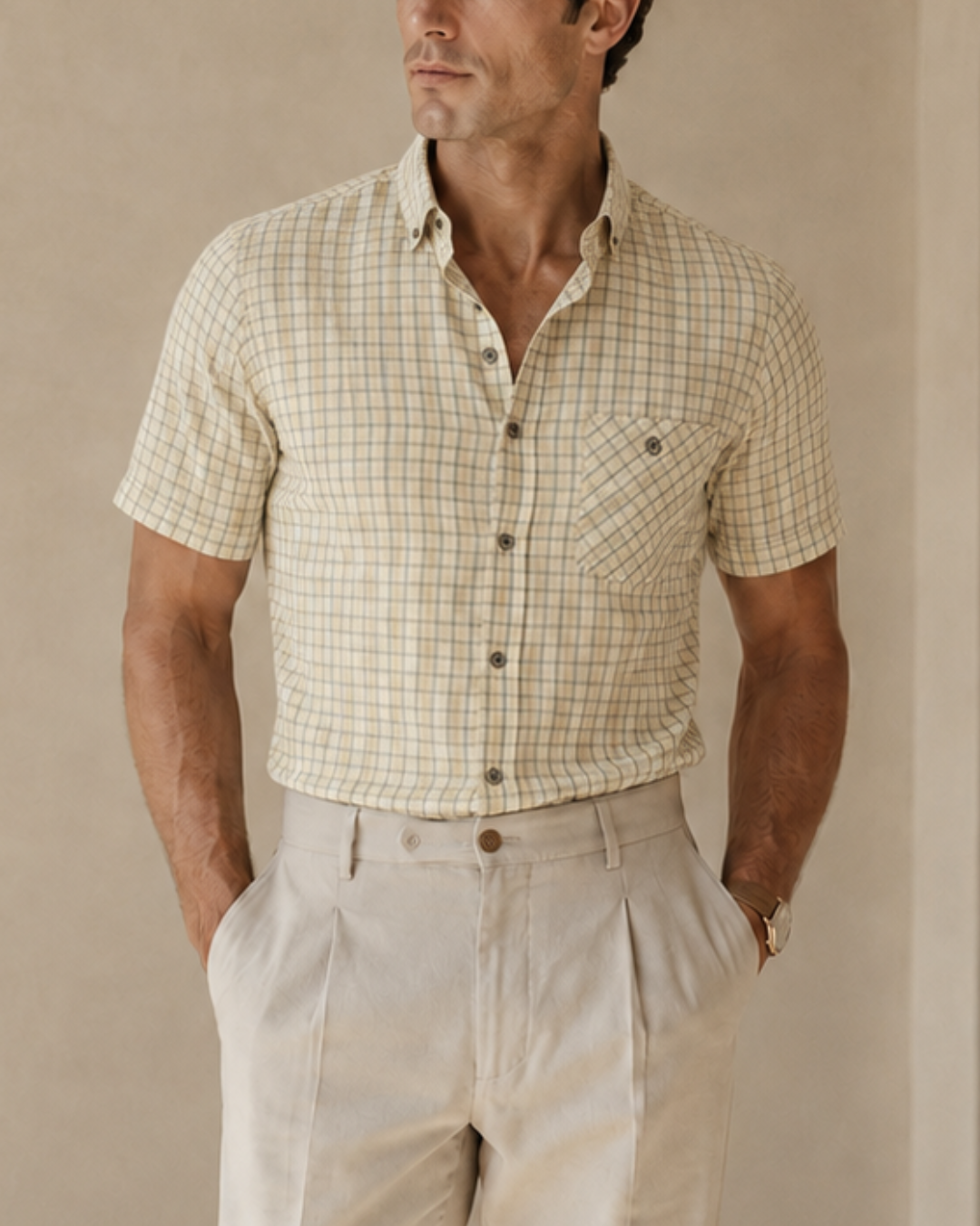 Camisa para hombre manga corta a cuadros amarilla, cuello abotonado y bolsillo frontal. Estilo elegante old money con ajuste cómodo y diseño casual sofisticado de Purple Rain.

Título SEO de la imagen
