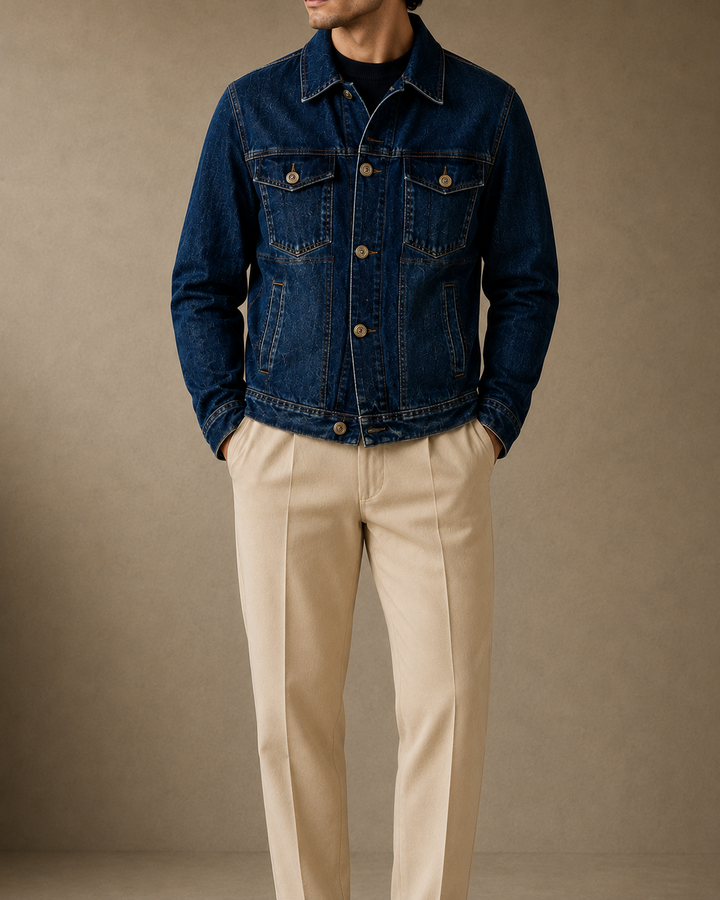 Silueta slim fit.
• Cuello clásico estructurado.
• Bolsillos frontales con tapa y botón.
• Bolsillos laterales funcionales.
• Botones metálicos de alta resistencia.
• Costuras de contraste que realzan la arquitectura de la prenda.
• Lavado índigo con sutiles matices que aportan profundidad visual.