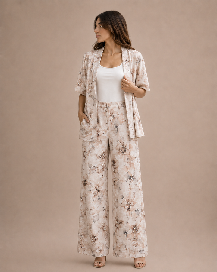 diseño kimono, bota ancha de lino estampado