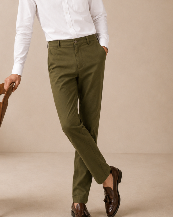 "Pantalón masculino color caramelo en drill texturizado tipo micropunto, vista posterior en primer plano. Diseño slim fit con bolsillos traseros ribeteados, botón decorativo, cremallera lateral discreta y marquilla Purple Rain en la pretina. Acabados premium y textura refinada visible en la tela."