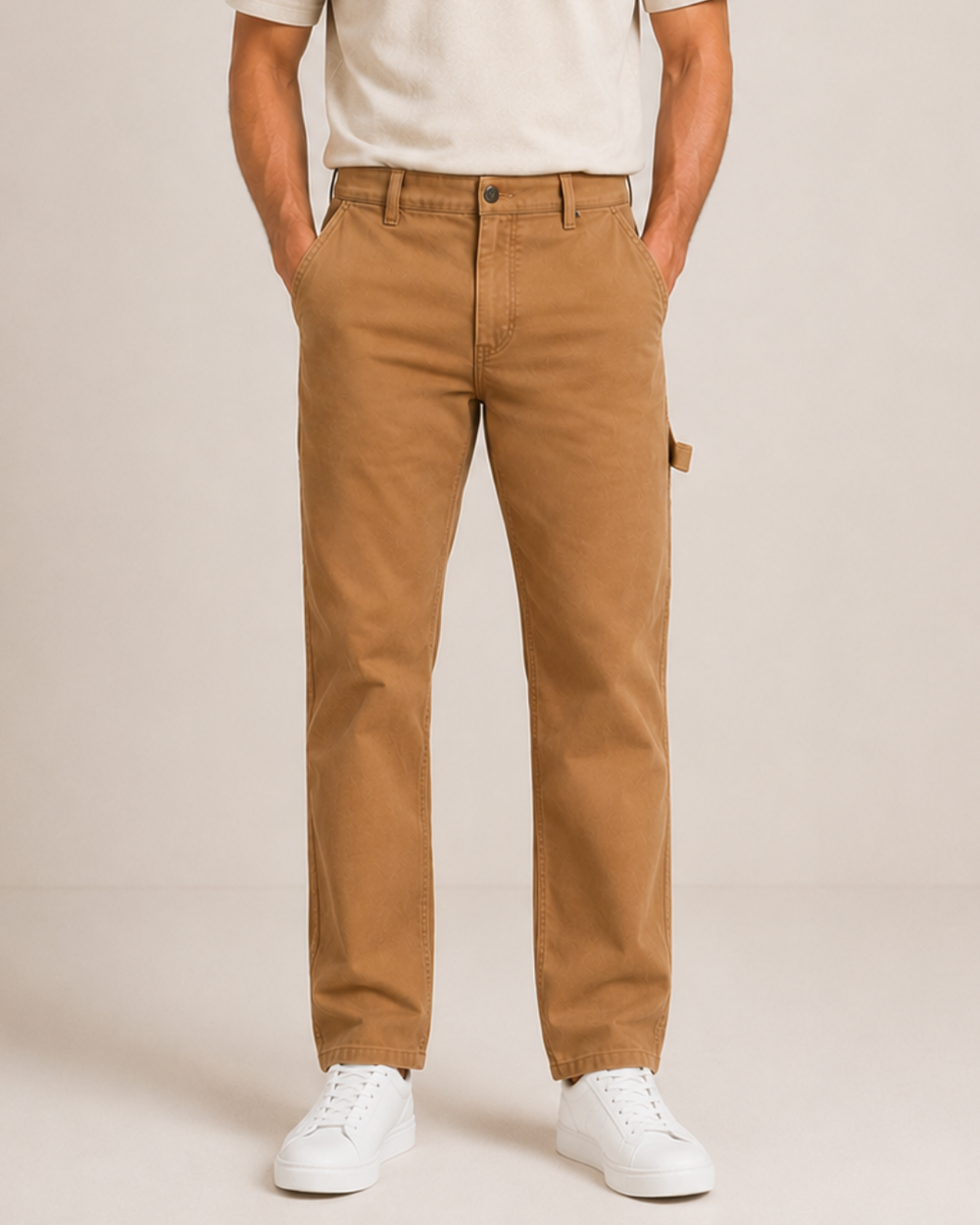 Pantalón carpintero para hombre color tabaco con corte recto, bolsillos funcionales y diseño workwear premium Purple Rain.