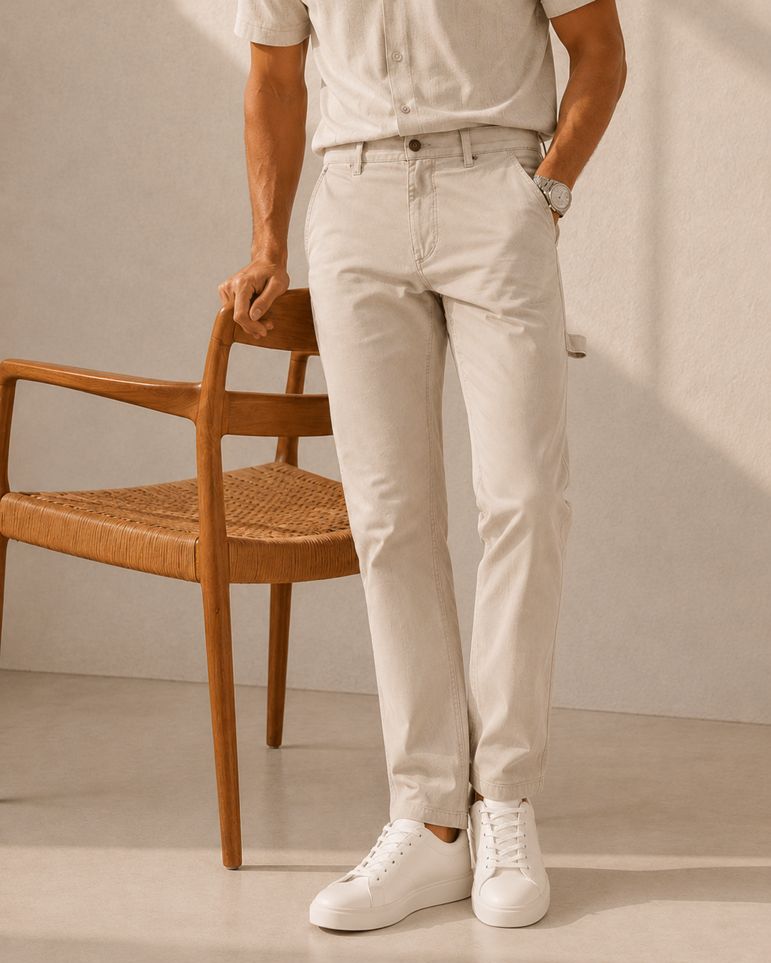Pantalón carpintero para hombre color arena con silueta recta y estilo casual elegante para uso diario.