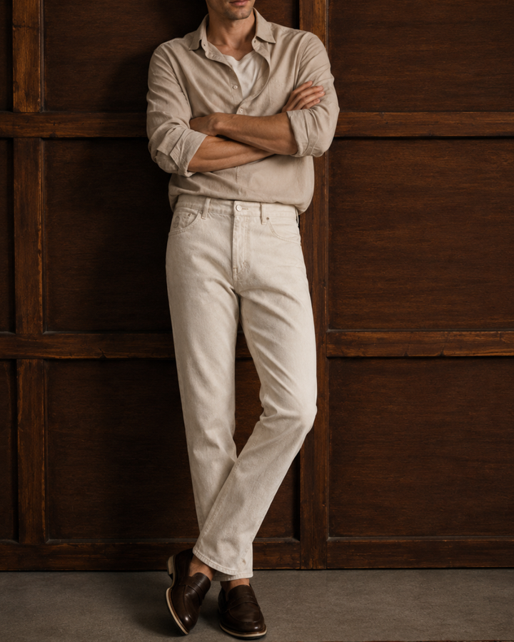 Pantalón para hombre color beige de corte recto en tela drill, estilo casual elegante Purple Rain