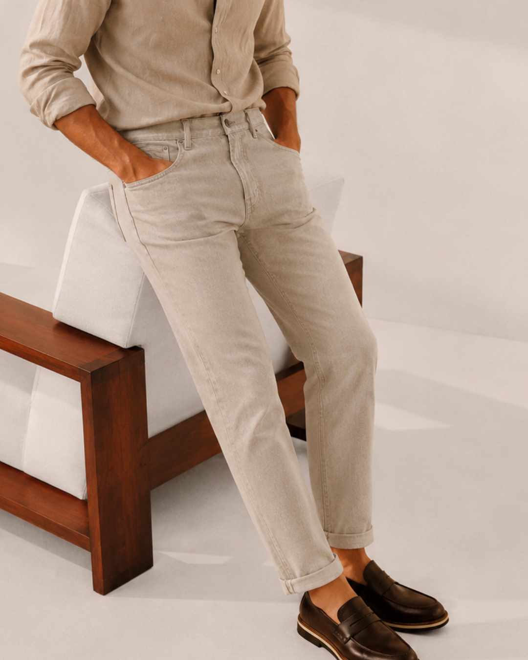 Pantalón para hombre color beige de corte recto en tela drill, estilo casual elegante Purple Rain