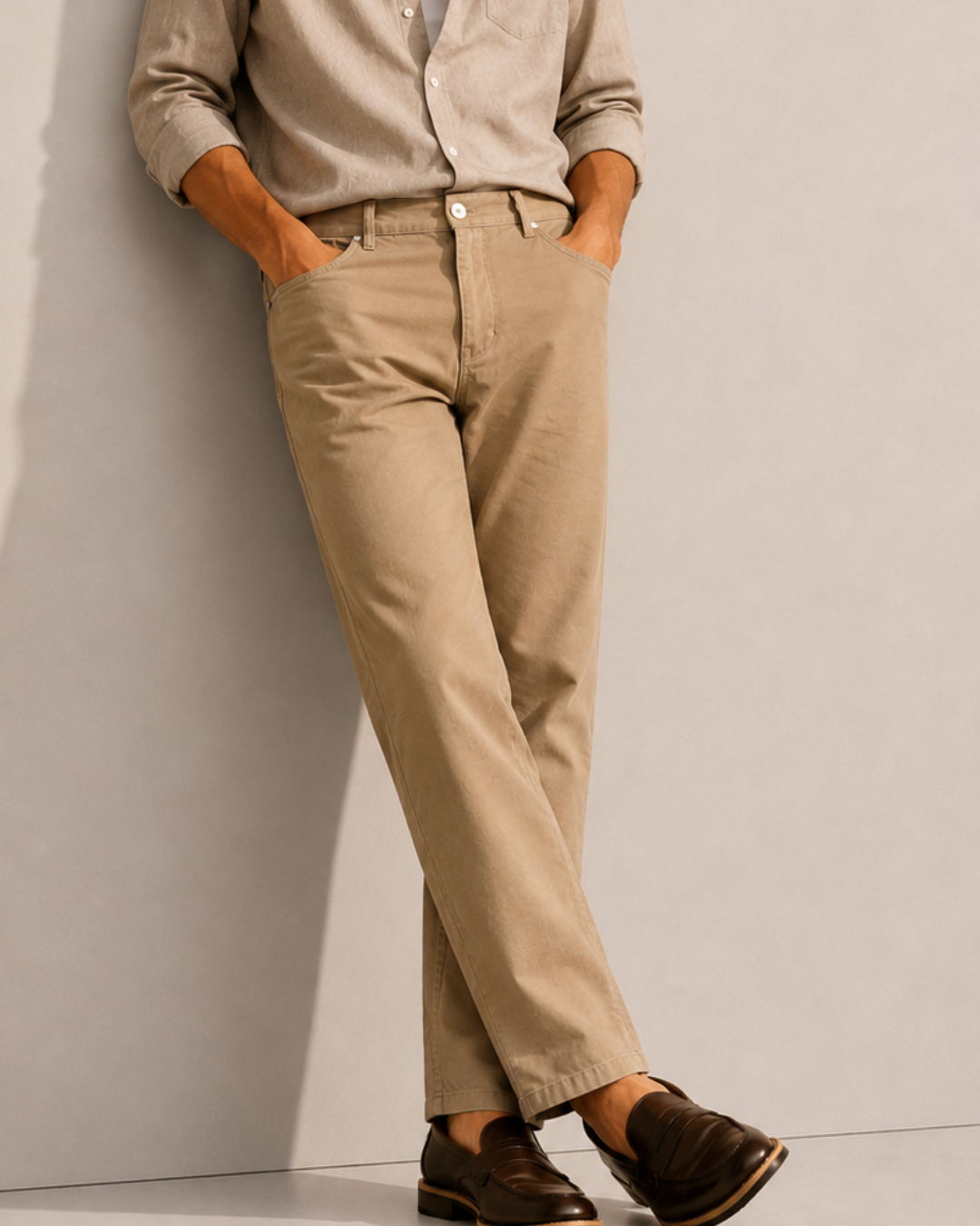 Pantalón para hombre color beige de corte recto en tela drill, estilo casual elegante Purple Rain