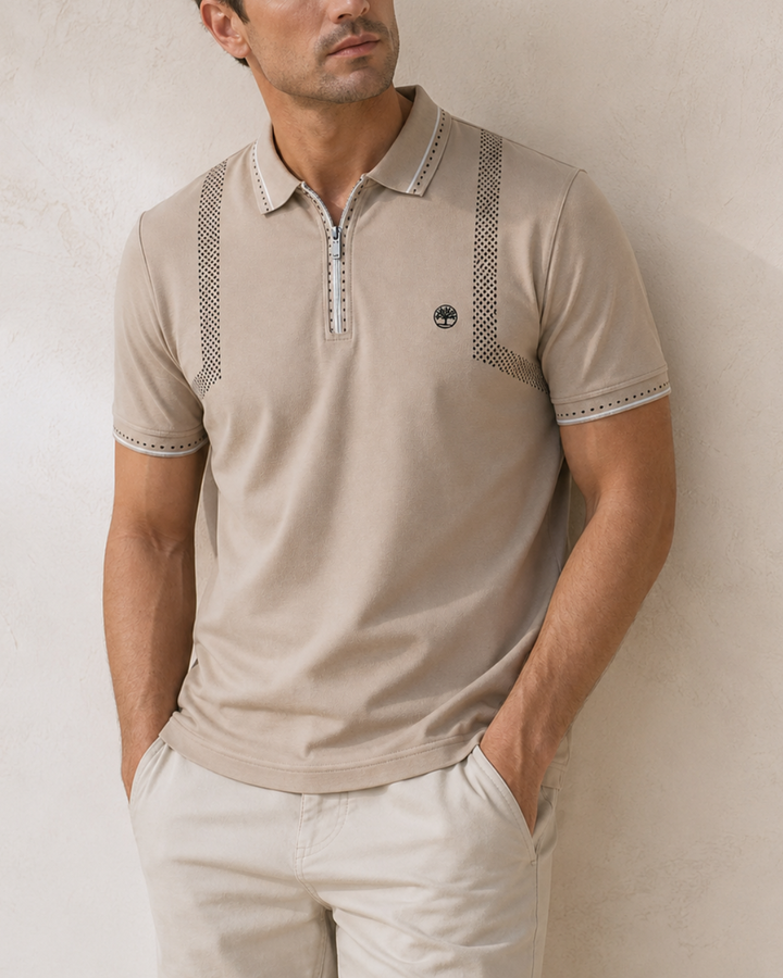 Polo para hombre color beige confeccionada en algodón con spandex, detalles estampados, logo bordado y estilo casual elegante Purple Rain. 
