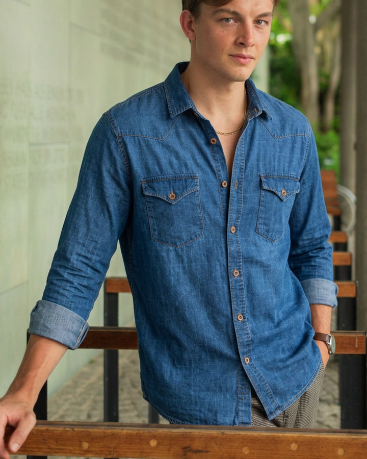 Camisa hombre manga larga Denim Texturizada Cuadros