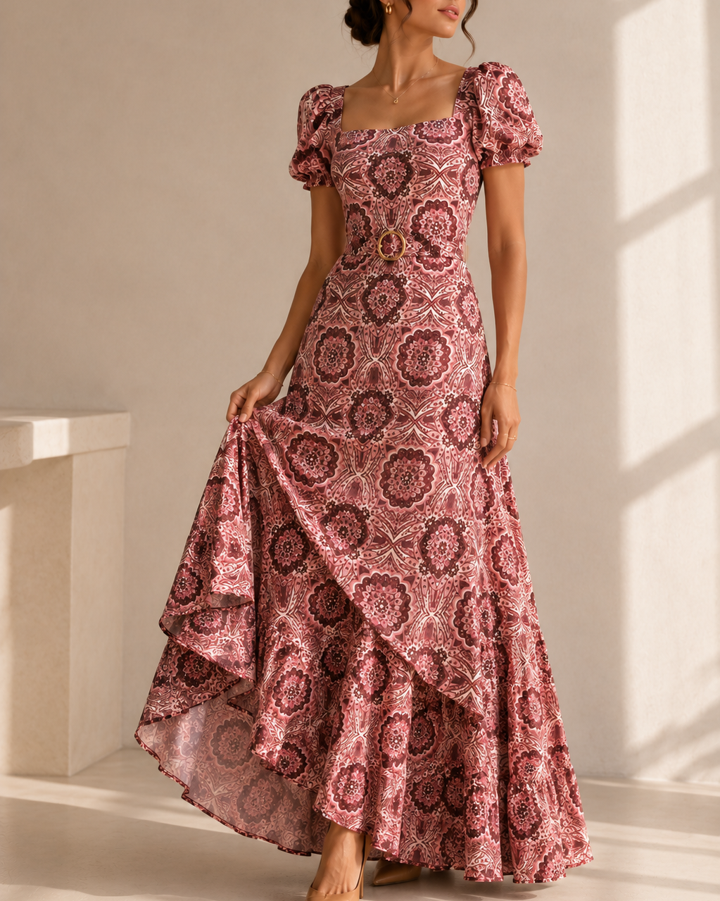 vestido con hebilla dorada