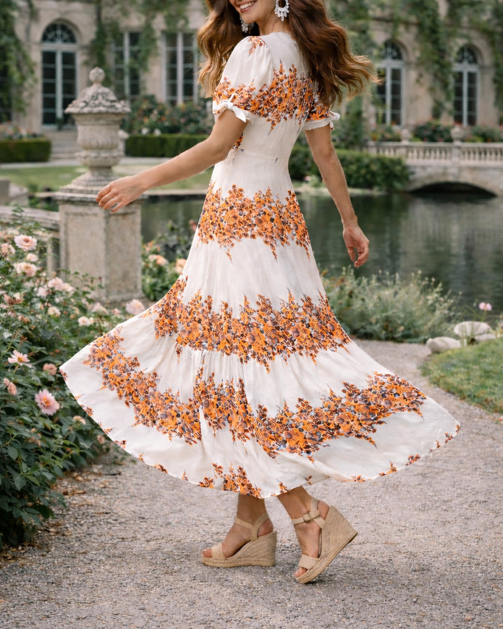 Vestido largo Femenino con efecto lino  y motivos florales y mangas anudadas. - Purple Rain