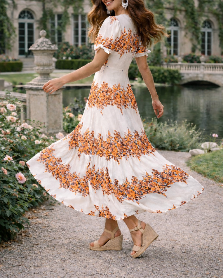 Vestido largo Femenino con efecto lino  y motivos florales y mangas anudadas. - Purple Rain