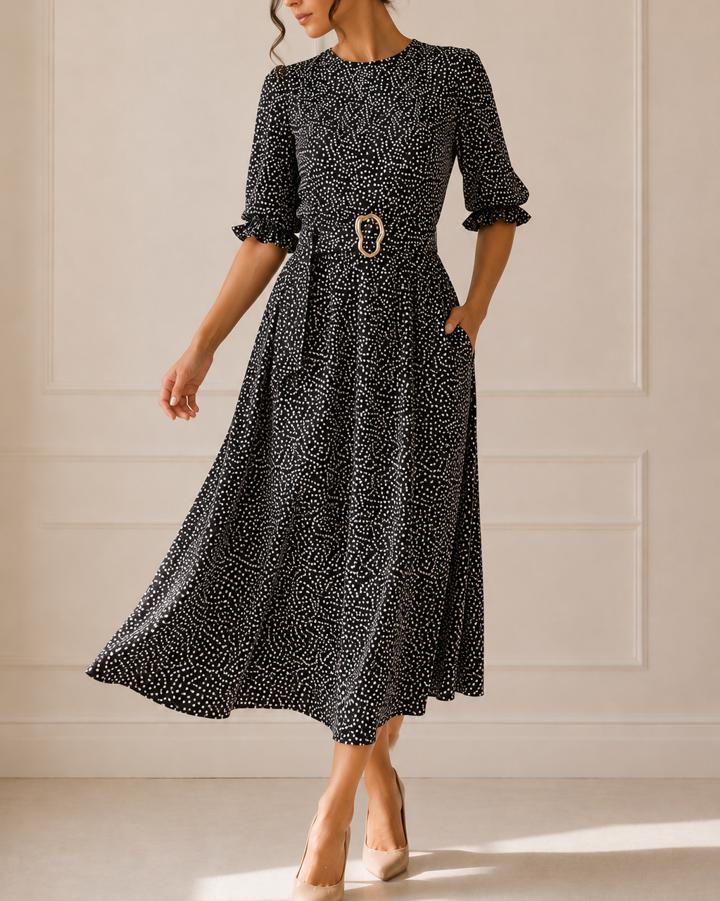 vestido negro con puntos blancos